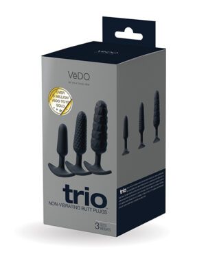 A box of VeDO trio non-vibrating butt plugs in various sizes displayed on a gray background.