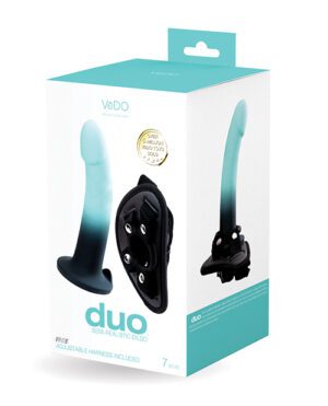 A box of VeDo Duo semi-realistic dildo with an adjustable harness, displaying the product and features.