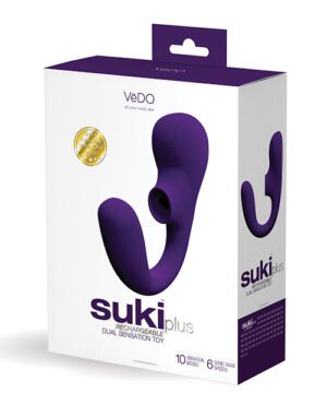 A product box for VeDo suki plus, a rechargeable dual sensation toy, with purple branding and imagery showing the product shape. The box highlights features such as 10 vibration modes and 6 intensity levels.
