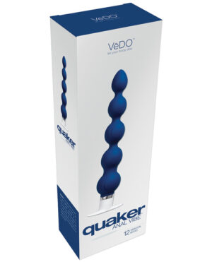 Product packaging for a blue VeDO Quaker Anal Vibe with product image and text displayed on the box.