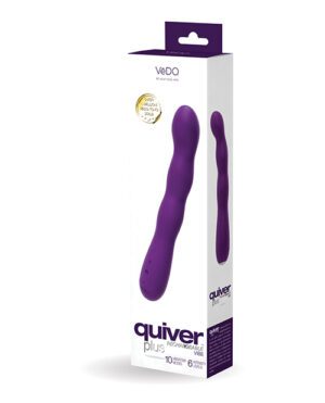 Product packaging of a purple VeDO Quiver Plus personal massager displayed vertically with features and branding detailed on the box.