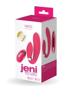 Product packaging for VeDO Jeni Rechargeable Dual Vibrator with features highlighted