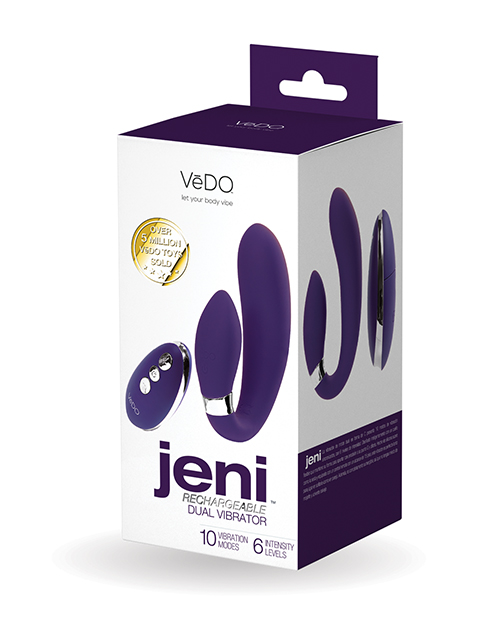 Box of VeDO Jeni rechargeable dual vibrator with product images and features on packaging.