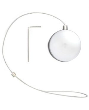 A contemporary circular wall lamp with a long, flexible arm and a white finish against a white background.