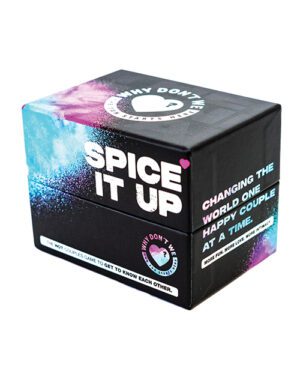 A black box with vibrant galaxy-themed colors on top, titled "SPICE IT UP" and branded with "WHY DON'T WE" and the tagline "CHANGING THE WORLD ONE HAPPY COUPLE AT A TIME." The box advertises as a couples game to get to know each other.