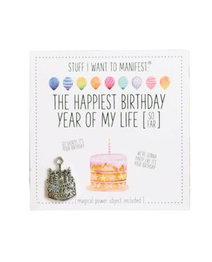 A greeting card with 'THE HAPPIEST BIRTHDAY YEAR OF MY LIFE' message, colorful balloons, a cake illustration, and a 'Happy Birthday' charm.