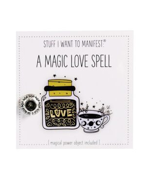 Graphic art of a potion bottle and teacup with the phrase "Stuff I Want to Manifest: A Magic Love Spell" and a decorative eye charm.