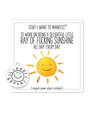 An illustration of a smiling sun with a textual phrase about being a positive presence, and a drawn medallion with a similar smiling sun design.