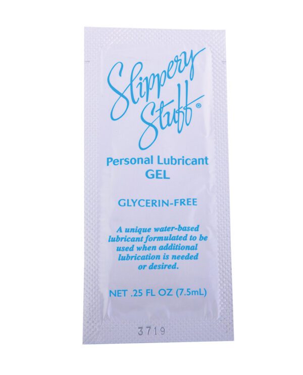 A single-use packet of Slippery Stuff personal lubricant gel, glycerin-free, with description and quantity details.