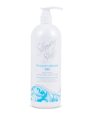 A bottle of Slippery Stuff Personal Lubricant Gel, water-based and paraben free, with a white label and blue decorative elements on a white background.