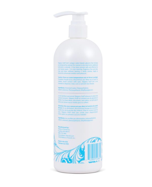 Rear view of a white personal lubricant bottle with pump dispenser, product information, and blue wave design.