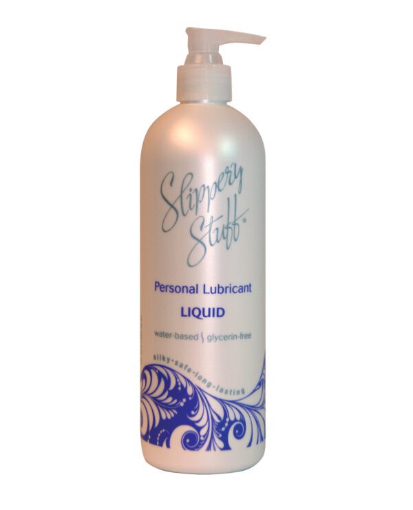 A bottle of "Slippery Stuff" personal lubricant with a pump dispenser, water-based and glycerin-free formula.