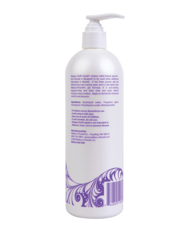 White bottle of personal lubricant with purple label detailing ingredients, usage instructions, and company information.