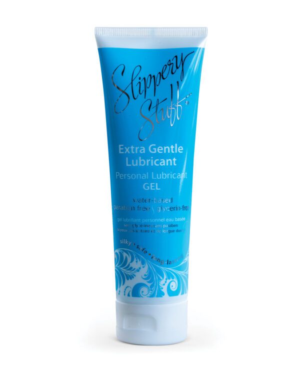 A tube of Slippery Stuff Extra Gentle Personal Lubricant Gel on a white background.