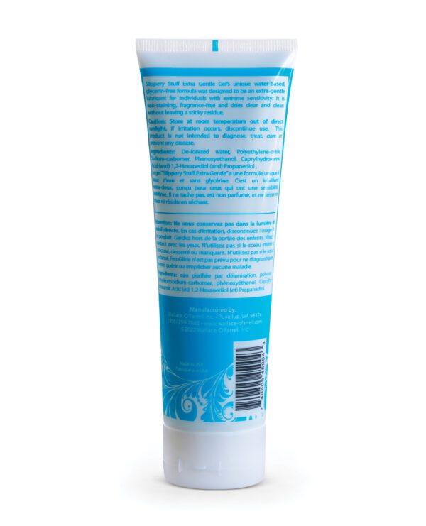 Rear view of a tube displaying product information for Slippery Stuff Extra Gentle Gel, highlighting its water-based glycerin-free formula.