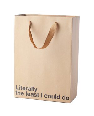 A brown paper shopping bag with the phrase "Literally the least I could do" printed at the bottom.