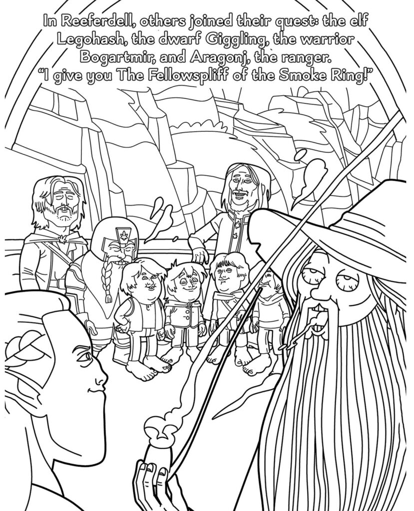 A black and white illustration of various fantasy characters in a gathering, introducing a character named The Fellowspilff of the Smoke Ring.