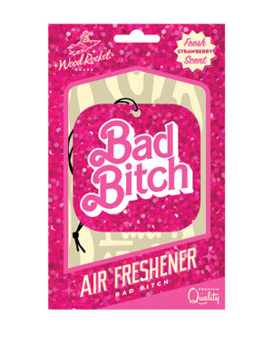 Packaging for a "Bad Bitch" air freshener with fresh strawberry scent by WoodRocket brand, featuring a pink and purple heart-shaped design with glittery background.