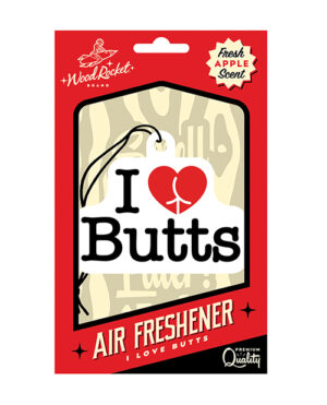 Packaging for a 'WoodRocket' brand air freshener with "I ♥️ Butts" text, a fresh apple scent badge, and an illustration of a person's lower body in underwear within the heart.