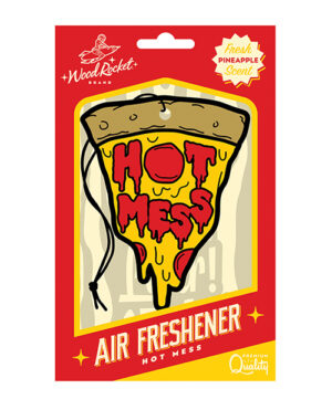 Packaging design for a "Hot Mess" pizza slice-shaped air freshener with a fresh pineapple scent by WoodRocket brand, featuring stylized graphics and text, presented on a red and yellow card.