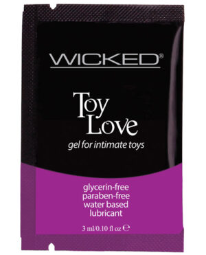 A packet of Wicked Toy Love gel for intimate toys, highlighting its glycerin-free, paraben-free, and water-based formula.