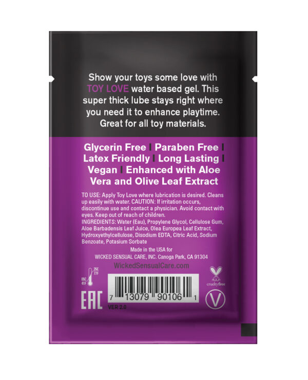 Detailing the benefits and ingredients of a water-based lubricant designed for adult toys, featuring a vibrant purple design.