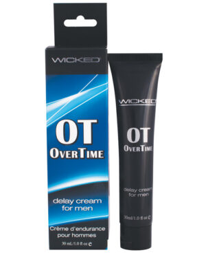 A tube and box of Wicked OT OverTime delay cream, designed for men, featuring a sleek black design and product information.