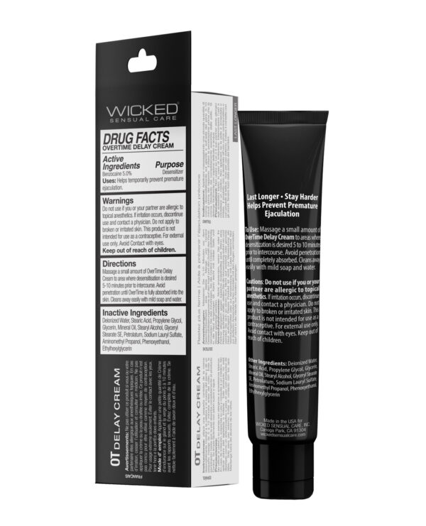 A tube of Wicked Sensual Care Overtime Delay Cream with details on active ingredients, warnings, directions, and inactive ingredients for preventing premature ejaculation.