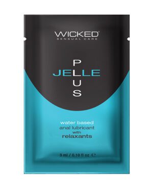 A packet of Wicked Sensual Care personal lubricant with text indicating it is a water-based anal lubricant with relaxants, 3 ml / 0.10 fl oz size.