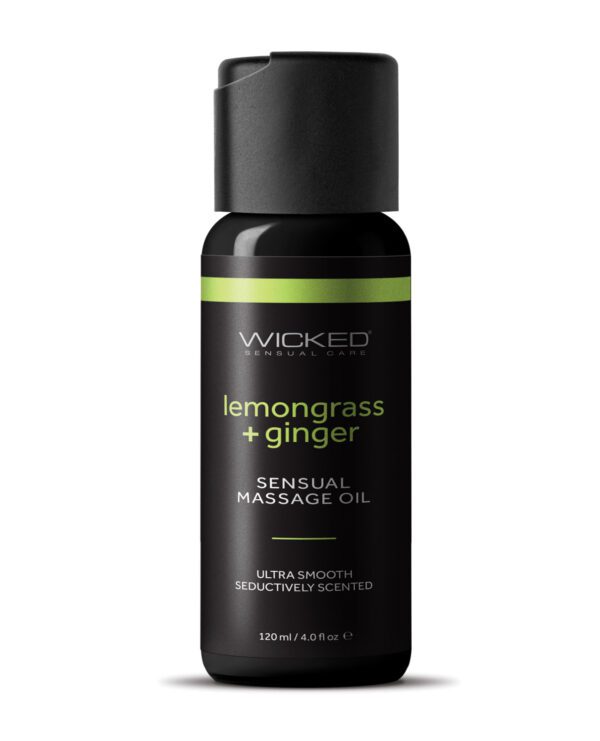 A bottle of Wicked Sensual Care lemongrass and ginger scented massage oil.