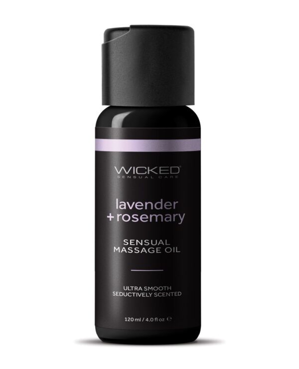 A bottle of Wicked Sensual Care lavender and rosemary sensual massage oil.