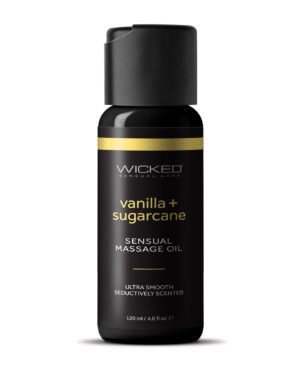 A black bottle of Wicked Sensual Care massage oil with vanilla and sugarcane, labeled as "Ultra Smooth Seductively Scented"