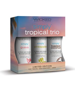 A product display of "Wicked Sensual Care Simply Tropical Trio", featuring three boxes of flavored lubricants in guava, pineapple, and toasted coconut varieties, labeled as a limited edition, 1oz travel-size set.