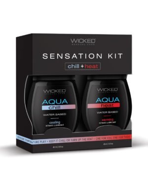 Two bottles of Wicked Aqua intimate lubricants in a package, one labeled 'chill' and the other 'heat', with a black background and product information.