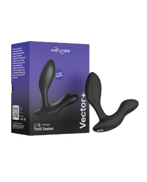 A We-Vibe Vector product box with an image of the device next to it, showcasing the product design and features.