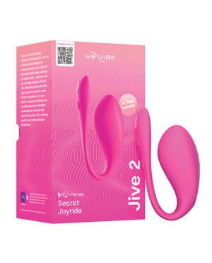 Alt text: A pink product package with the text "we vibe" and "jive 2 Secret Joyride" alongside an image of a wearable pink adult toy and a remote control. The package includes text and a QR code.