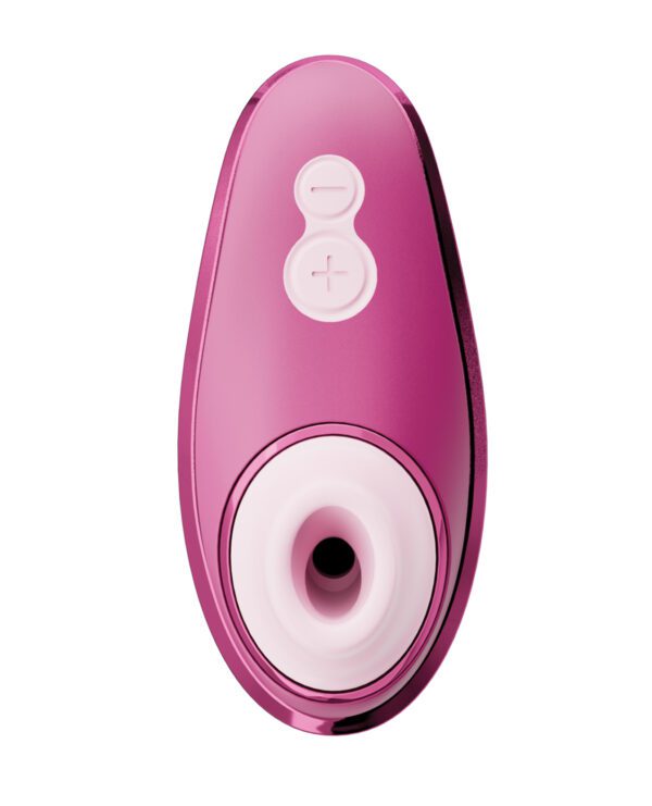 A pink personal massager with power control buttons isolated on a white background.