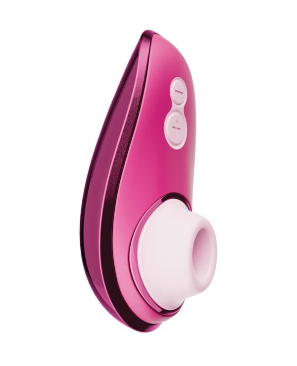 A pink personal massager with a white soft-tip and control buttons on a white background.