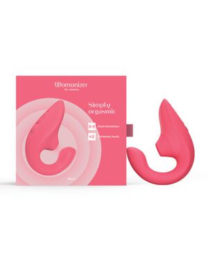 Product packaging for the Womanizer with a depicted product beside it; the packaging is pink with text detailing features like "Dual stimulation" and "8 intensity levels," and the product is a similar pink and is shaped for ergonomic use.