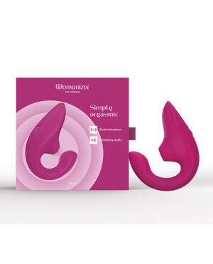 Product packaging and device for a Womanizer product featuring dual stimulation and intensity levels, set against a white background.