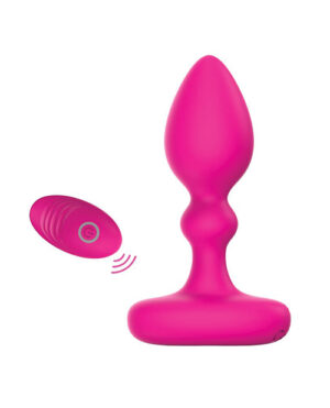 A pink wireless remote-controlled adult toy on a white background.