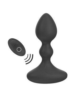A black silicone object with a flared base, contoured shape, and a remote control with signal waves indicating wireless connectivity.