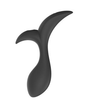 A black, sculptural object with an abstract form resembling a stylized letter "f" against a white background.