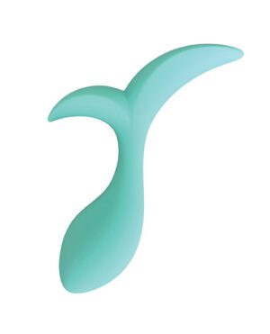 A turquoise abstract-shaped silicone product with a double-ended design, isolated on a white background.