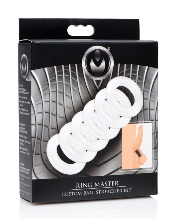 Product packaging for a Ring Master Custom Ball Stretcher Kit displayed against a white background.