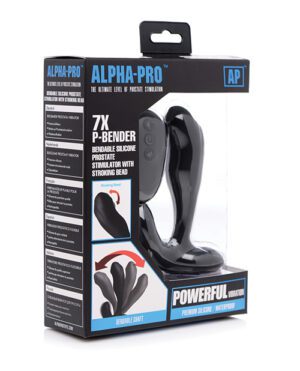 A product packaging for "ALPHA-PRO P-Bender," a bendable silicone prostate stimulator with stroking bead, displayed in a clear plastic case with descriptive text and branding.
