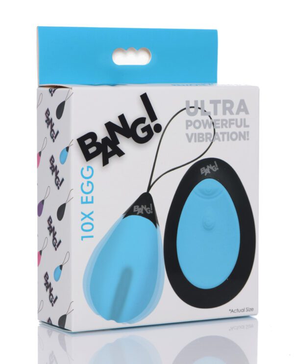 A vibrational egg toy packaging with the text "10X EGG BANG! ULTRA POWERFUL VIBRATION!" displayed.