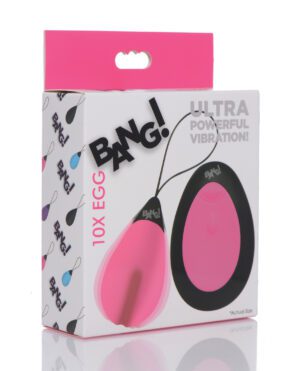 A product box with vibrant design elements for a 10x egg vibration device, showcasing the product with 'BANG!' graphics.