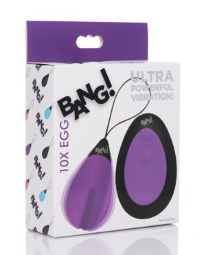 Product packaging for a 10X Egg Bang vibrator with ultra powerful vibration, displayed in a white box with purple detailing and images of the product.