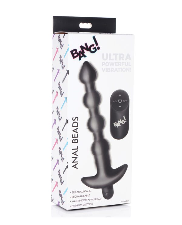 A product box of Bang! Anal Beads featuring bullet points like rechargeable, waterproof, and premium silicone.